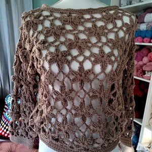 HANDMADE - STONE BEIGE CROCHET FLORAL LACE SWEATER TOP
